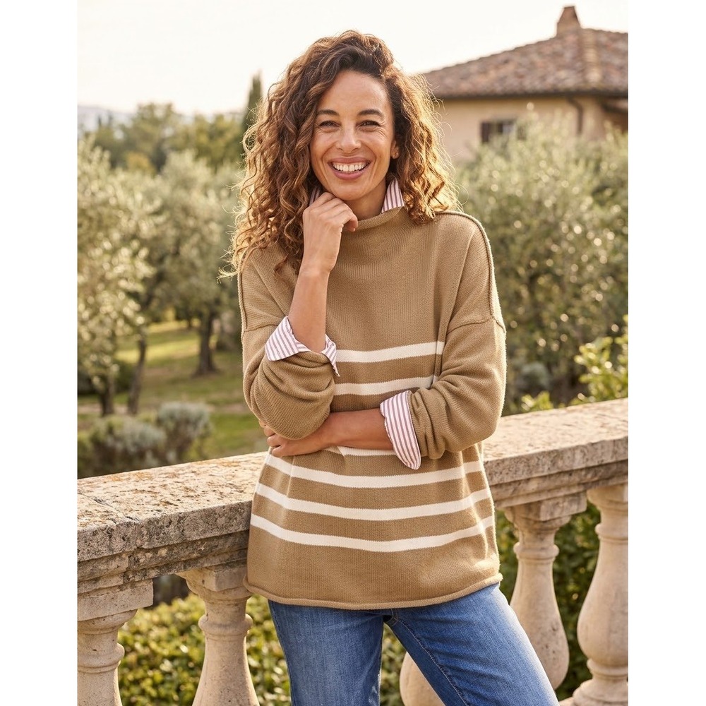 NWT Frank & Eileen Monterey Stripe Cotton Funnel Neck Sweater Sz S CAMEL STRIPE